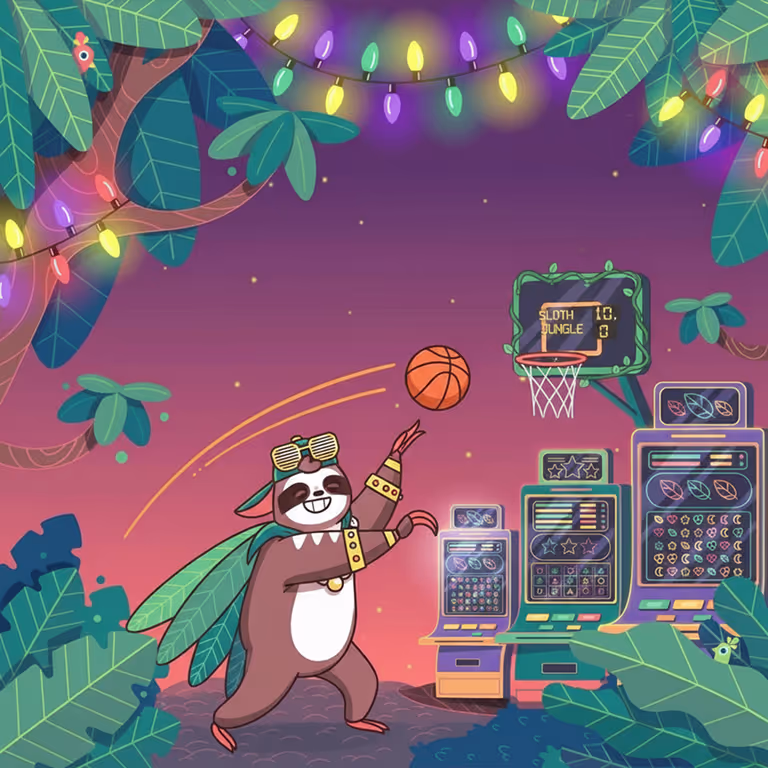 Slothinon maskotti pelaamassa koripalloa viidakkoteemaisessa kasino-ympäristössä, joka korostaa hauskaa ja leikkisää brändiä.